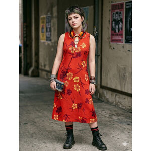 Vintage Silk Floral Mandarin Collar Dress | Orange Red Asian-Inspired Shift | M
